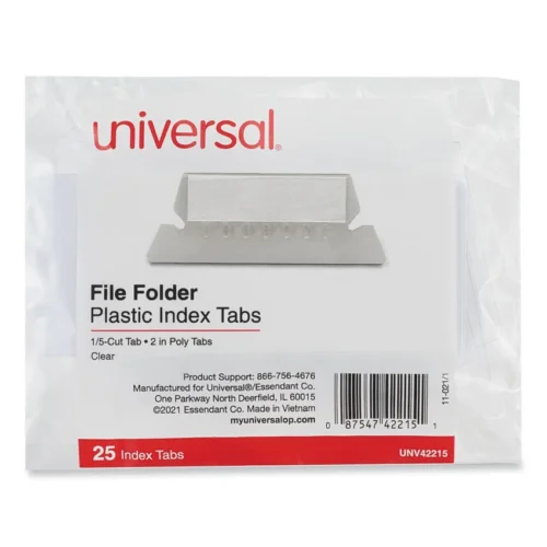 Universal Hanging File Folder Plastic Index Tabs, 15-Cut, Clear, 2.25 Wide, 25Pack (UNV42215)