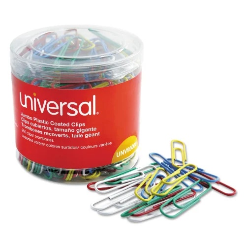 Universal Plastic-Coated Paper Clips with One-Compartment Dispenser Tub, Jumbo, Assorted Colors, 250Pack (UNV95000)