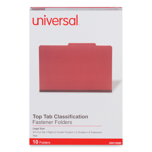 Universal Six-Section Pressboard Classification Folders, 2 Expansion, 2 Dividers, 6 Fasteners, Legal Size, Red Exterior, 10Box (UNV10280)