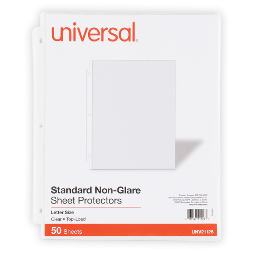 Universal Top-Load Poly Sheet Protectors, Std Gauge, Nonglare, Clear, 50Pack (UNV21126)