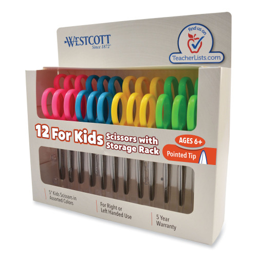 Westcott For Kids Scissors Teacher's Pack, Pointed Tip, 5 Long, 1.75 Cut Length, Straight Assorted Color Handles, 12Pack (ACM13141)