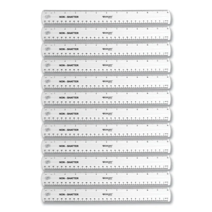 Westcott Non-Shatter Flexible Ruler, StandardMetric, 12 (30 cm) Long, Plastic, Clear, 12Box (ACM17725)