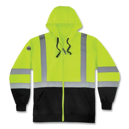 ergodyne GloWear 8372 ZipUp HiVis Class 3 Zip Hooded Sweatshirt with Black Bottom, Polar Fleece, Lime, Medium (EGO21843)