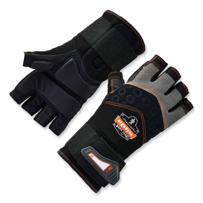 ergodyne ProFlex 910 Half-Finger Impact Gloves + Wrist Support, Black, 2X-Large, Pair (EGO17716)