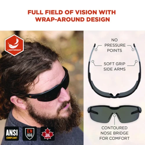 ergodyne Skullerz DELLENGER Anti-ScratchEnhanced Anti-Fog Safety Glasses w Adjustable Temples, Black Frame, Smoke Polycarbonate Lens (EGO50067)