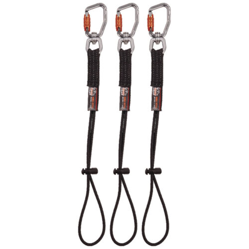 ergodyne Squids 3714 Elastic Tool Tail Lanyard wCarabiner and Cinch Loop, 10 lb Max Working Capacity, 15 Long, Black, 3Pack (EGO19766)