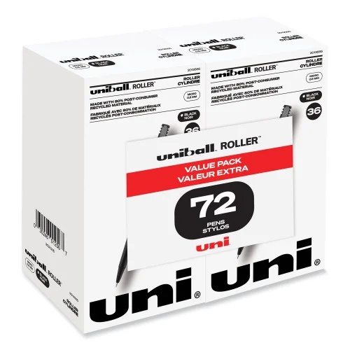 uniball Roller Ball Pen, Stick, Extra-Fine 0.5 mm, Black Ink, Black Barrel, 72Pack (UBC2013565)