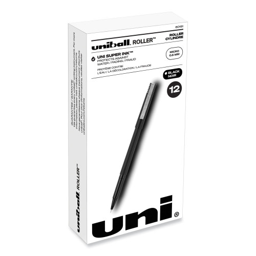 uniball Roller Ball Pen, Stick, Extra-Fine 0.5 mm, Black Ink, Black Matte Barrel, Dozen (UBC60151)