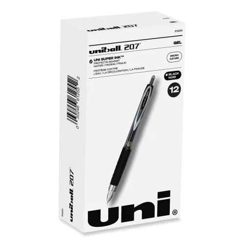 uniball Signo 207 Gel Pen, Retractable, Fine 0.5 mm, Black Ink, SmokeBlack Barrel, Dozen (UBC61255)