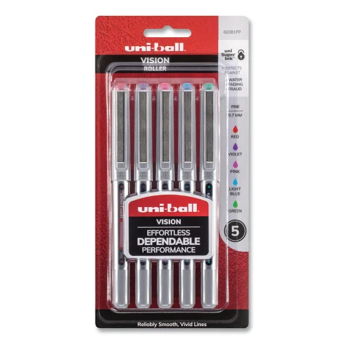 uniball VISION Roller Ball Pen, Stick, Fine 0.7 mm, Assorted Ink and Barrel Colors, 5Pack (UBC60381PP)