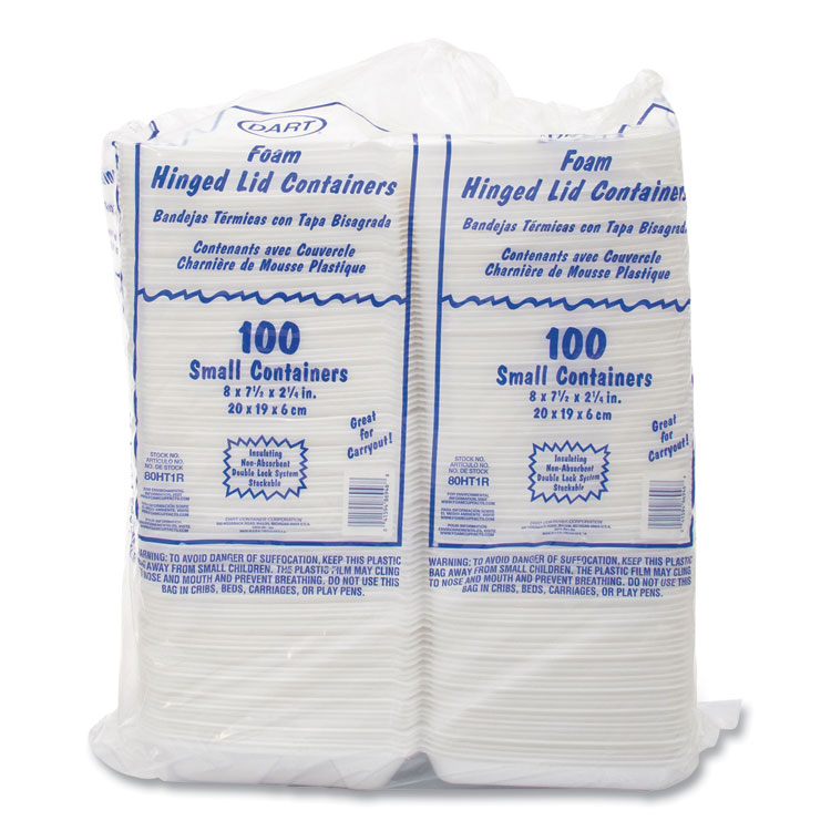 Dart Foam Hinged Lid Containers, 7.5 x 8 x 2.2, White, 200/Carton (DCC80HT1R)