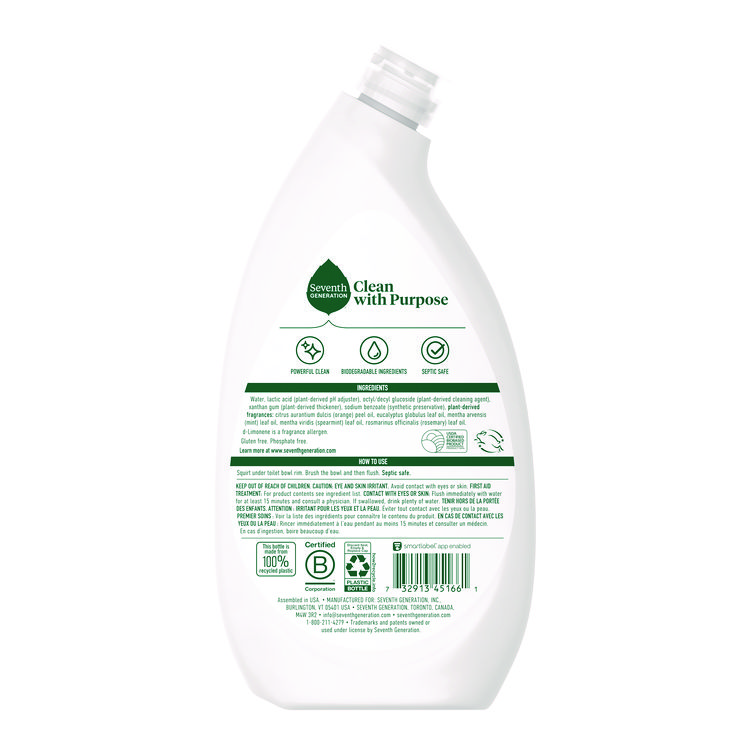 Seventh Generation Toilet Bowl Cleaner, Fresh Mint Scent, 24 oz Bottle (SEV45166EA)