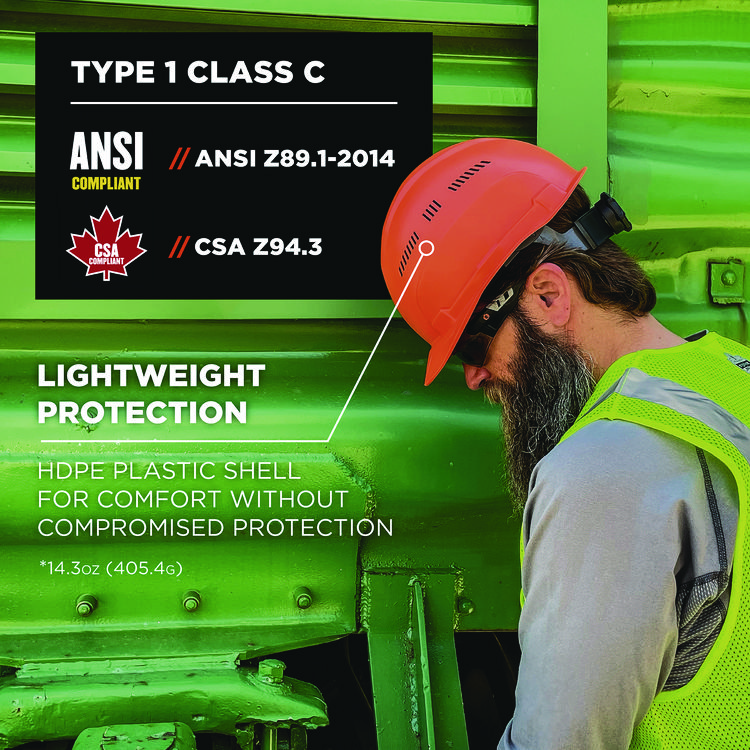 ergodyne Skullerz 8966 Class C Lightweight CapStyle Hard Hat, Adjustable Venting, 6-Point Rachet Suspension, Orange (EGO60270)