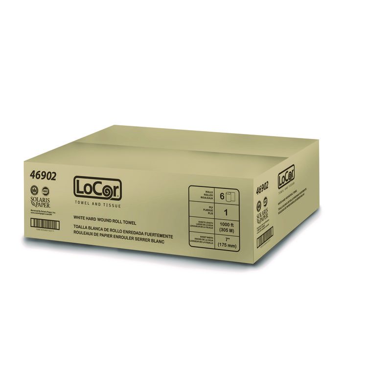LoCor Hard Wound Roll Towel. 1-Ply, 7” x 1,000 ft, White, 6 Rolls/Carton (SOL46902)