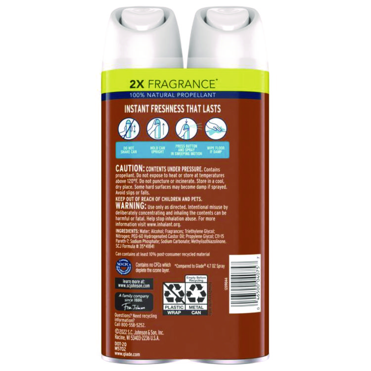 Glade Air Freshener, Cashmere Woods Scent, 8.3 oz Aerosol Can, 2/Pack (SJN346577PK)