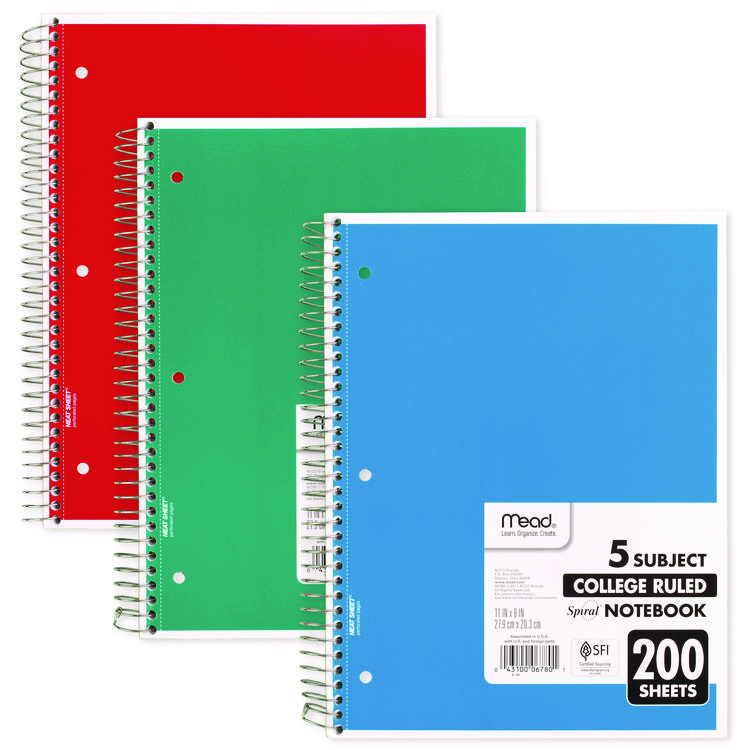 Mead Spiral Notebook, 5-Subject, Medium/College Rule, Randomly Assorted Cover Color, (200) 11 x 8 Sheets (MEA06780)