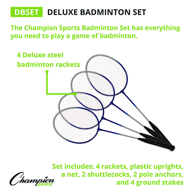 Champion Sports Deluxe Badminton Set, 20 ft Net with 4 Rackets, 2 Shuttlecocks (CSIDBSET)