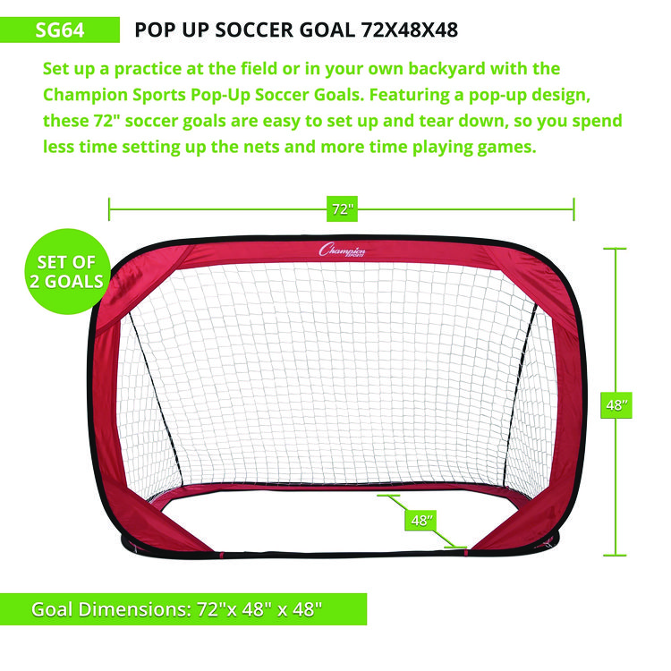 Champion Sports Pop Up Soccer Goal, 72" x 48", 1.25" dia, Pair (CSISG64)