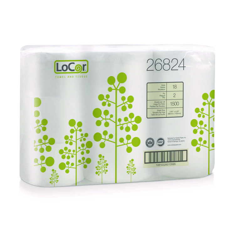LoCor High-Capacity Bath Tissue, 2-Ply, White, 1,500 Sheets/Roll, 18 Rolls/Carton (SOL26824)