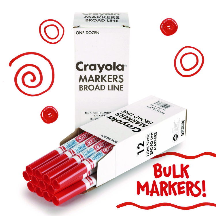 Crayola Broad Line Washable Markers, Broad Bullet Tip, Red, 12/Box (CYO587800038)