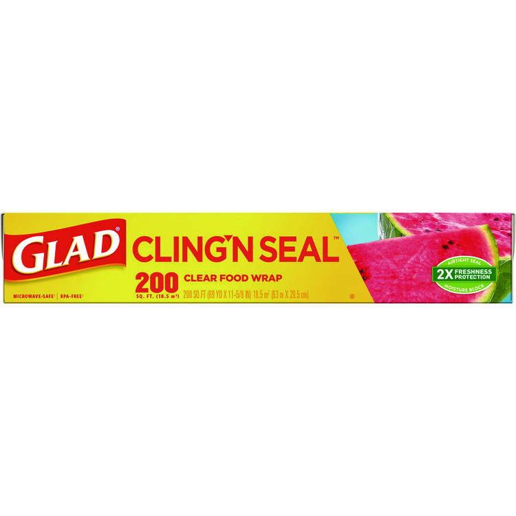 Glad Cling'N Seal Plastic Food Wrap, 200 Square Foot Roll, Clear, 12 Rolls/Carton (CLO00020CT)