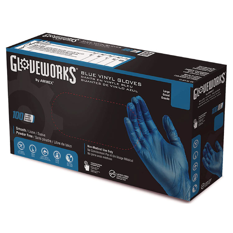 GloveWorks by AMMEX Industrial Vinyl Gloves, Powder-Free, 3 mil, X-Large, Blue, 100 Gloves/Box, 10/Boxes/Carton (AXCIVBPF48100)