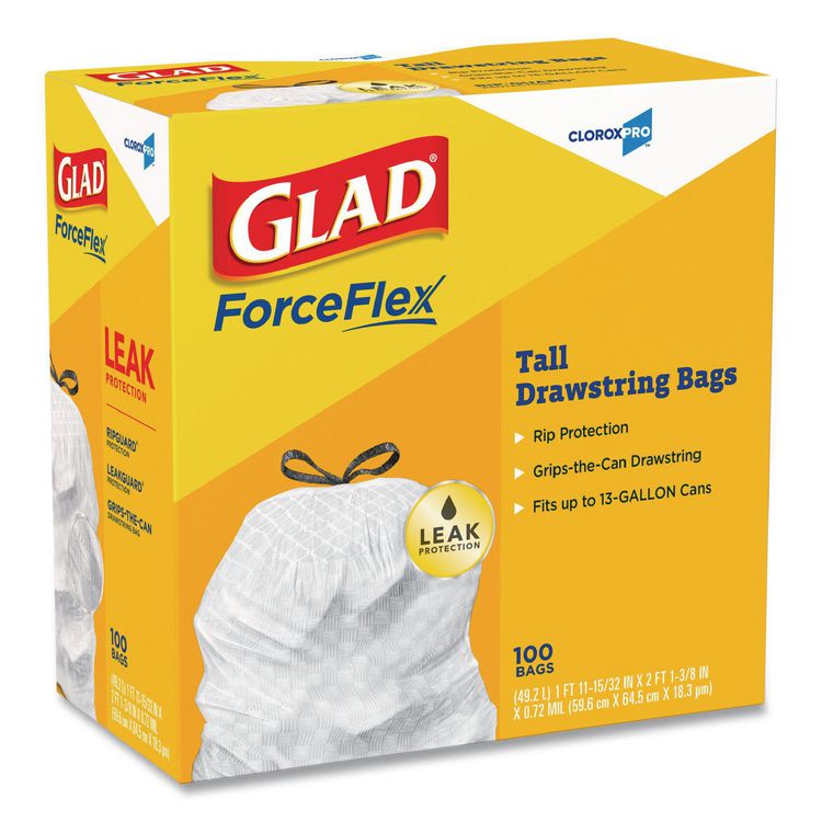 Glad Tall Kitchen Drawstring Trash Bags, 13 gal, 24" x 27.38", Gray, 100/Box (CLO78526)