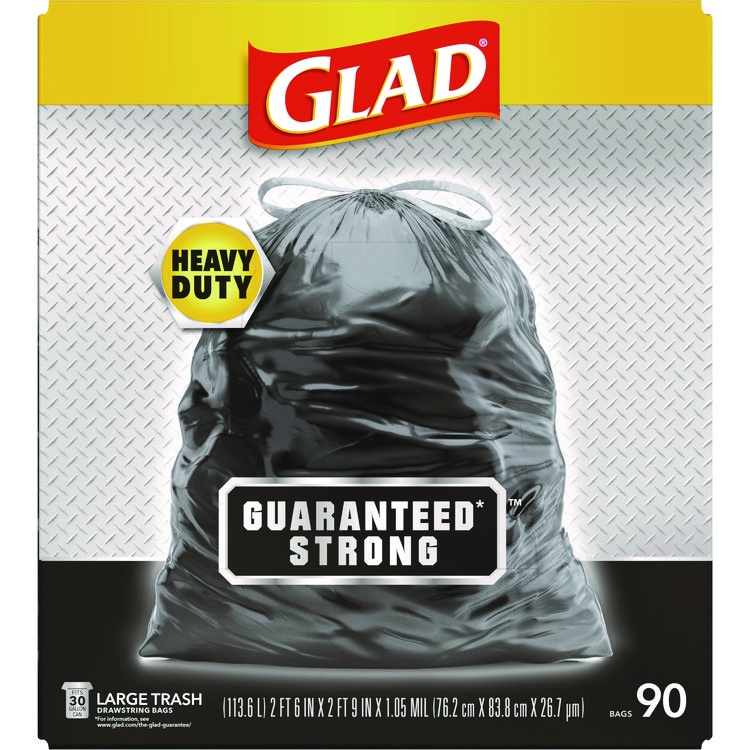 Glad Guaranteed Strong Large Drawstring Trash Bags, Three-Ply, 30 gal, 1.05 mil, 30" x 33", Black, 90/Carton (CLO78952)