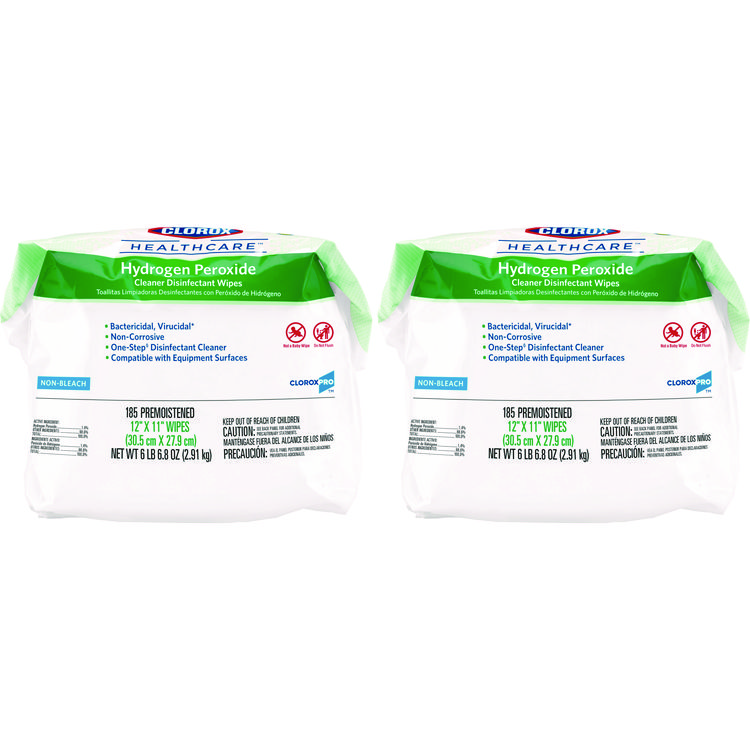 Clorox Healthcare Hydrogen Peroxide Cleaner Disinfectant Wipes, 12 x 11, Unscented, White, 185/Pack, 2 Packs/Carton (CLO30827)