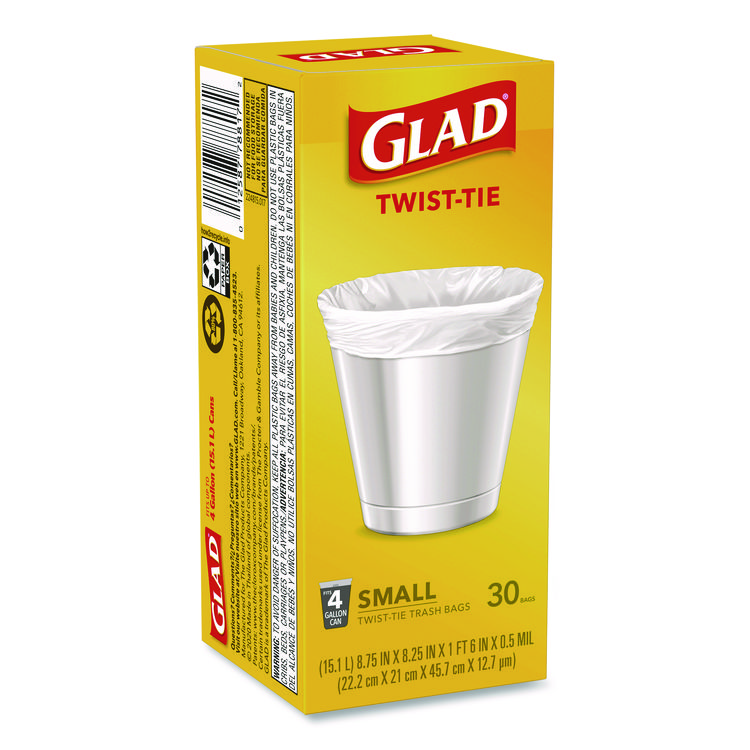 Glad Small Twist-Tie Garbage Bags, 4 gal, 0.74 mil, 23" x 21.63", 30/Box (CLO78817EA)