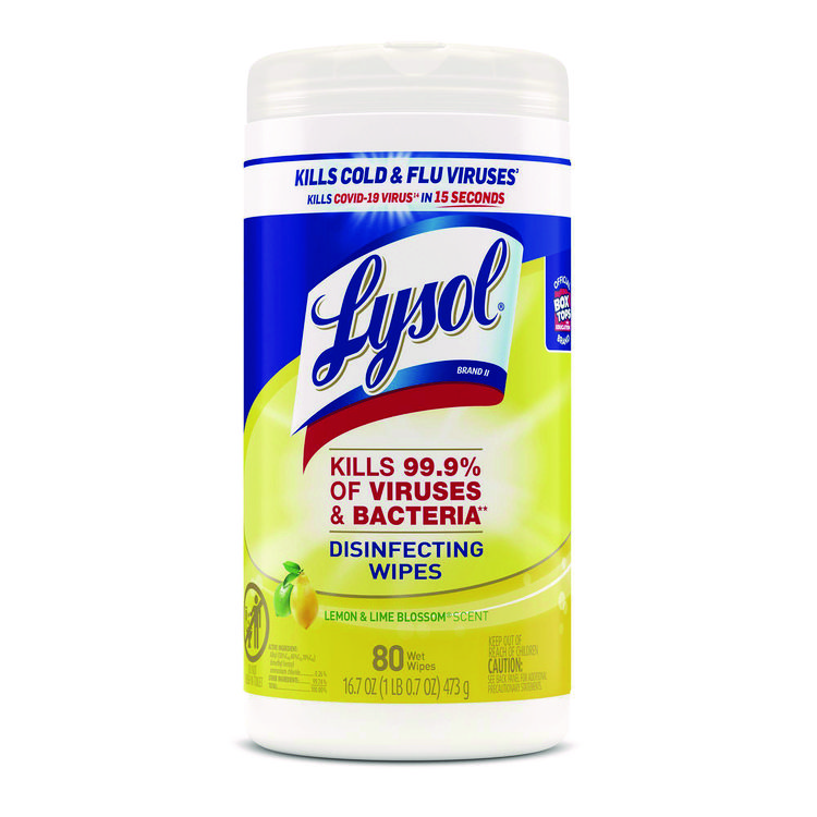 LYSOL Brand Disinfecting Wipes, 1-Ply, 7 x 7.25, Lemon and Lime Blossom, White, 80 Wipes/Canister, 6 Canisters/Carton (RAC77182CT)