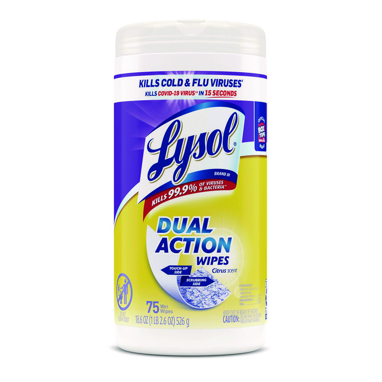 LYSOL Brand Dual Action Disinfecting Wipes, 1-Ply, 7 x 7.5, Citrus, White/Purple, 75/Canister, 6 Canisters/Carton (RAC81700CT)