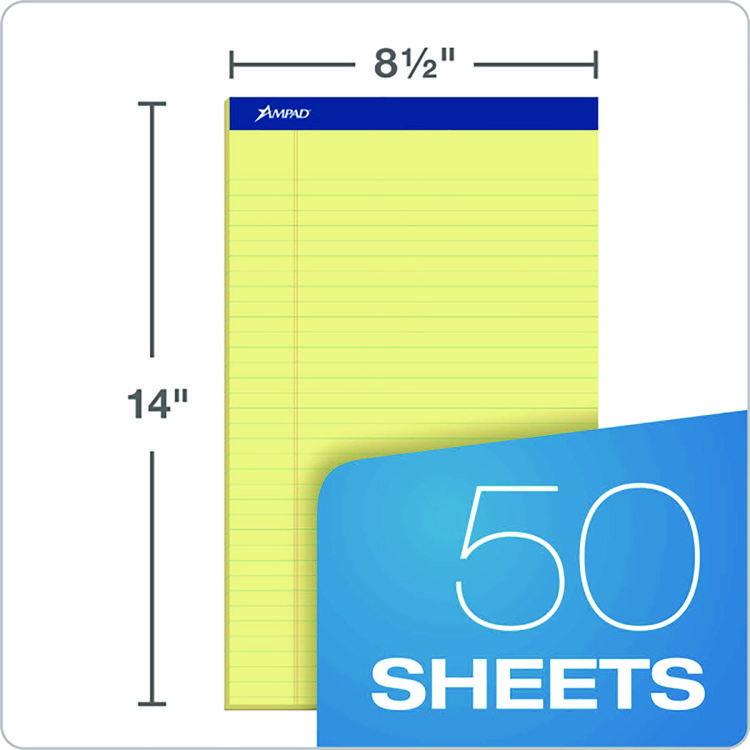 Ampad Perforated Writing Pads, Wide/Legal Rule, 50 Canary-Yellow 8.5 x 14 Sheets, Dozen (TOP20230)