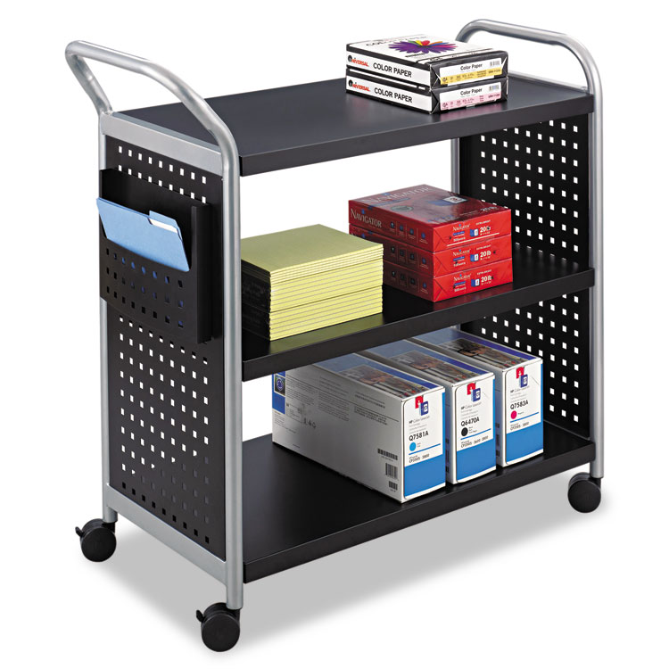 Safco Scoot Three Shelf Utility Cart, Metal, 3 Shelves, 1 Bin, 300 lb Capacity, 31" x 18" x 38", Black/Silver (SAF5339BL)