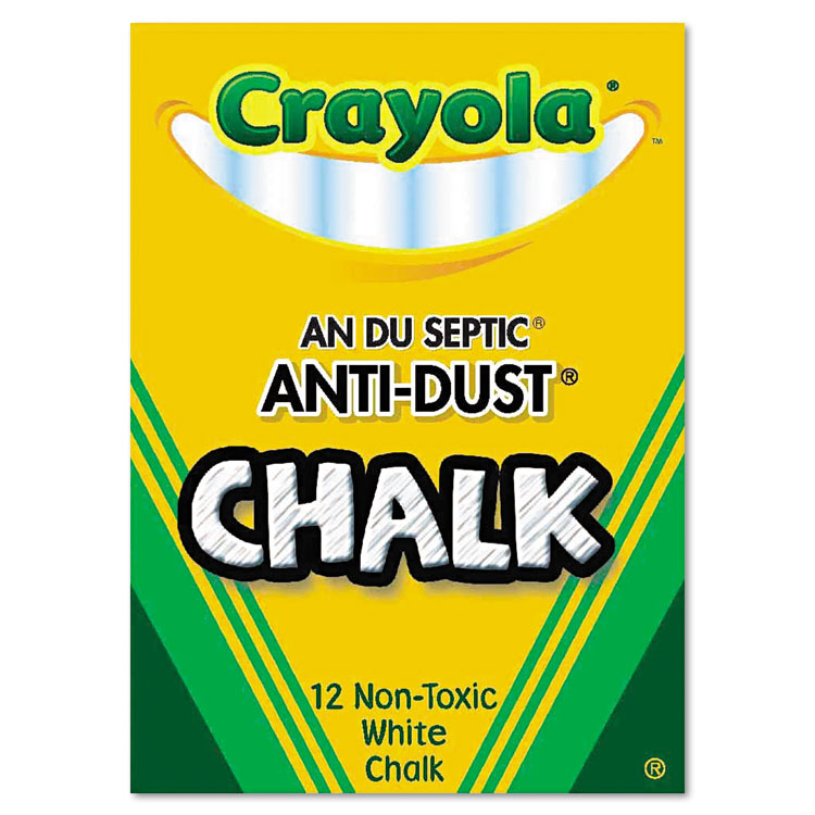 Crayola Nontoxic Anti-Dust Chalk, 3" x 0.31" Diameter, White, 12 Sticks/Box (CYO501402)