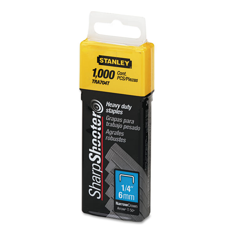 Stanley SharpShooter Heavy-Duty Tacker Staples, 0.25" Leg, 0.5" Crown, Steel, 1,000/Box (BOSTRA704T)