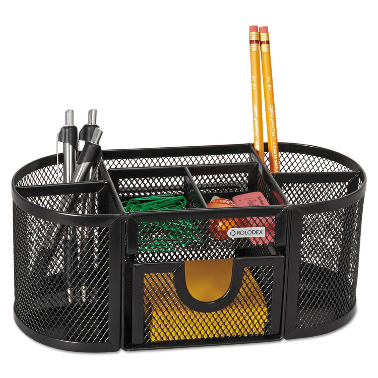Rolodex Mesh Oval Pencil Cup Organizer, 4 Compartments, Steel, 9.38 x 4.5 x 4, Black (ROL1746466)