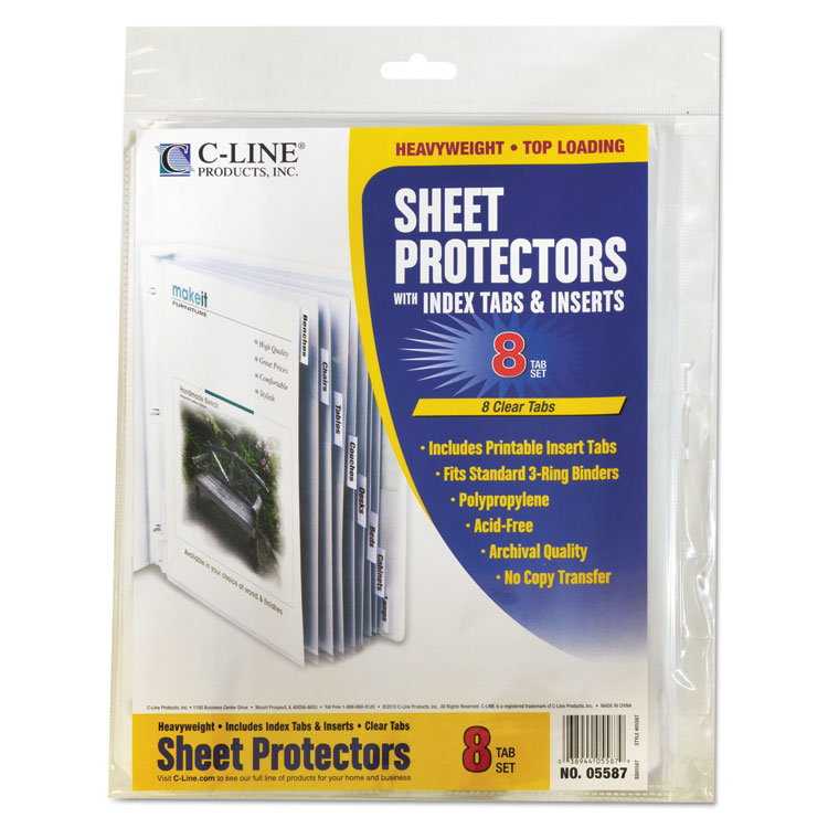 C-Line Sheet Protectors with Index Tabs, Clear Tabs, 2", 11 x 8.5, 8/Set (CLI05587)