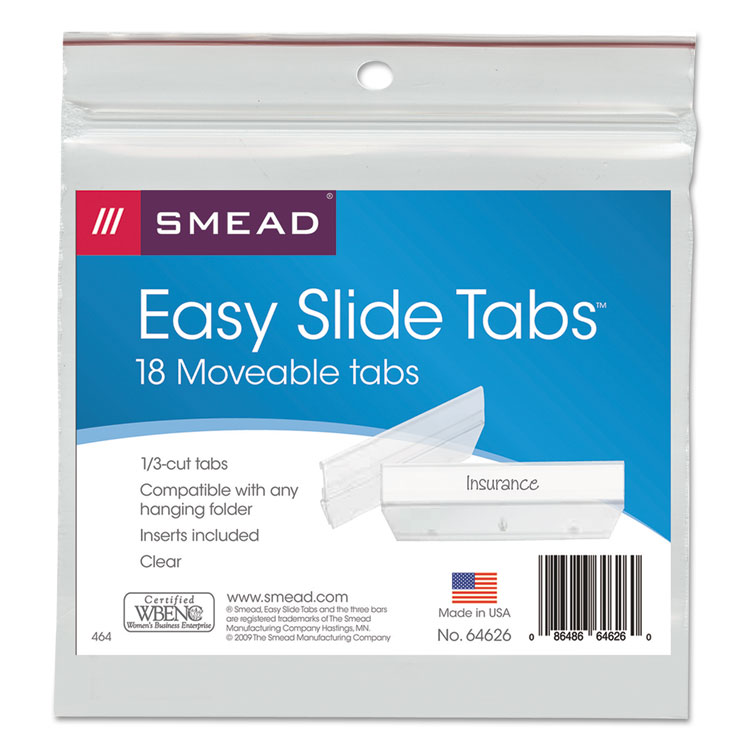 Smead Easy Slide Hanging Folder Tab, 1/3-Cut, White/Clear, 3.5" Wide, 18/Pack (SMD64626)