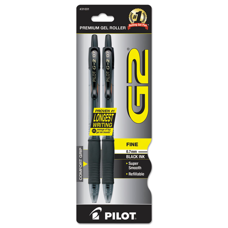 Pilot G2 Premium Gel Pen, Retractable, Fine 0.7 mm, Black Ink, Smoke/Black Barrel, 2/Pack (PIL31031)