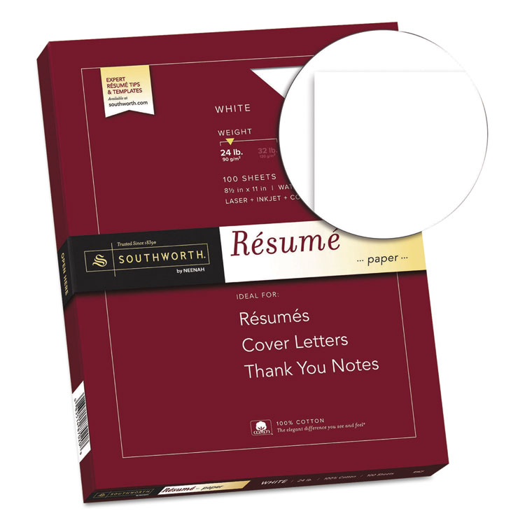 Southworth 100% Cotton Resume Paper, 95 Bright, 24 lb Bond Weight, 8.5 x 11, White, 100/Pack (SOUR14CF)