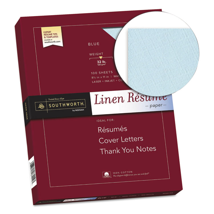 Southworth 100% Cotton Premium Weight Linen Resume Paper, 32 lb Bond Weight, 8.5 x 11, Blue, 100/Pack (SOURD18BCFLN)
