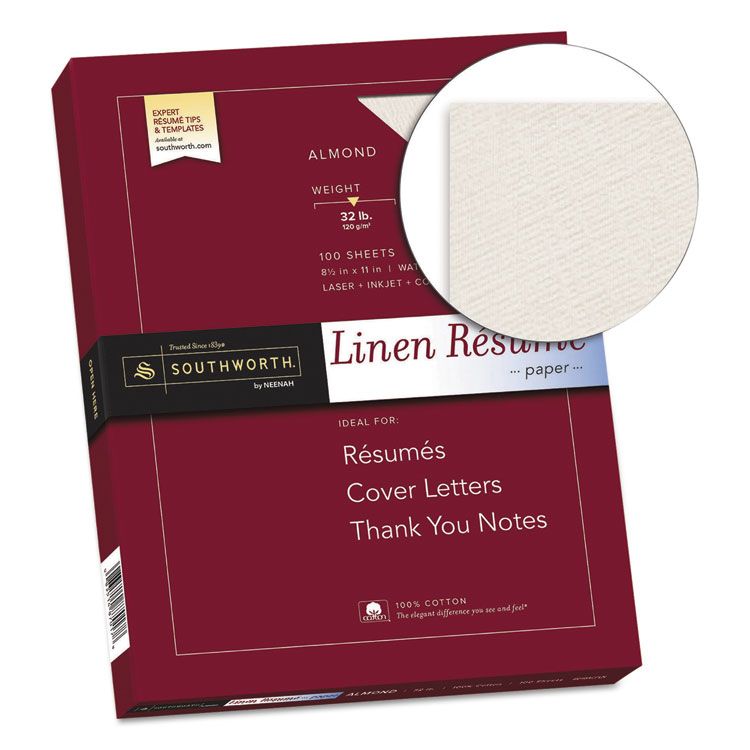 Southworth 100% Cotton Premium Weight Linen Resume Paper, 32 lb Bond Weight, 8.5 x 11, Almond, 100/Pack (SOURD18ACFLN)