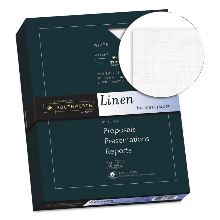 Southworth 25% Cotton Linen Business Paper, 32 lb Bond Weight, 8.5 x 11, White, 250/Pack (SOUJ558C)