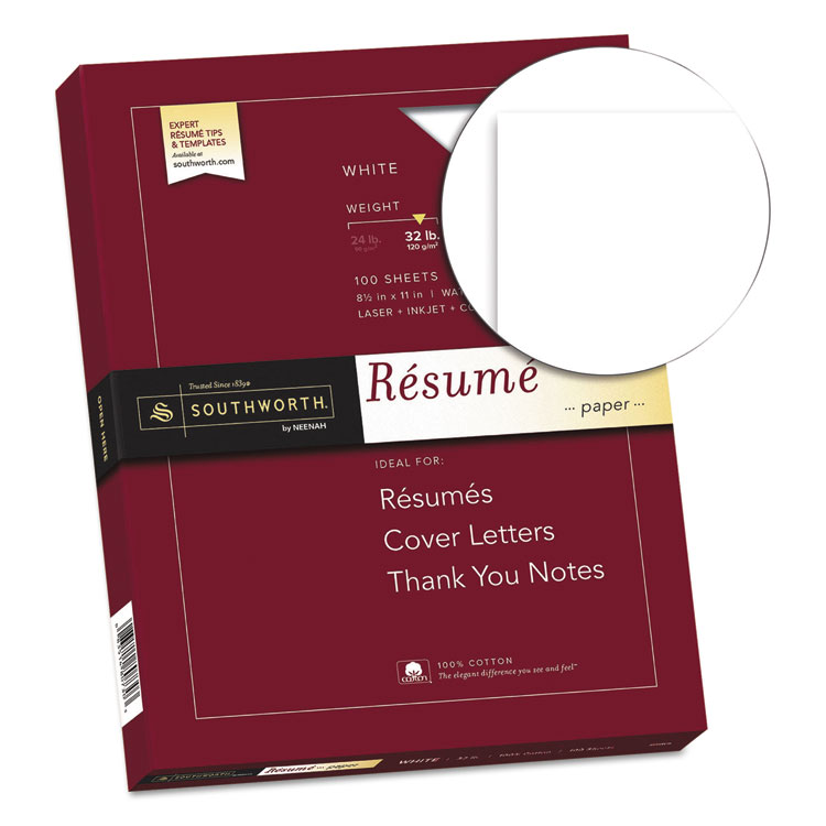 Southworth 100% Cotton Resume Paper, 95 Bright, 32 lb Bond Weight, 8.5 x 11, White, 100/Pack (SOURD18CF)
