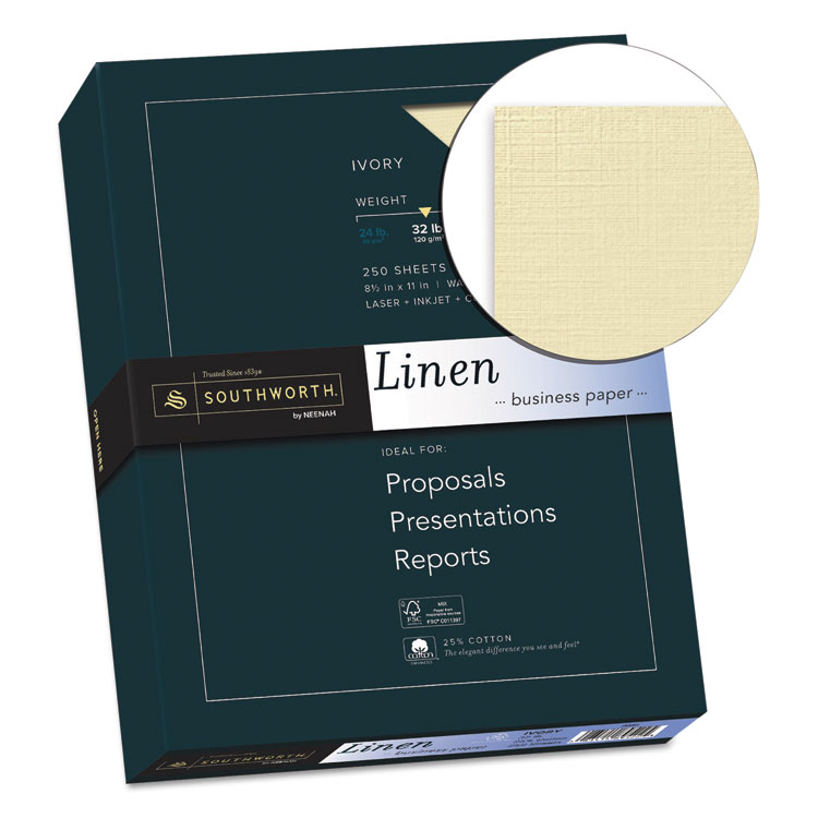 Southworth 25% Cotton Linen Business Paper, 32 lb Bond Weight, 8.5 x 11, Ivory, 250/Pack (SOUJ568C)
