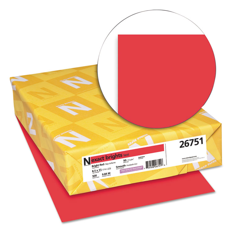 Neenah Paper Exact Brights Paper, 20 lb Bond Weight, 8.5 x 11, Bright Red, 500/Ream (WAU26751)
