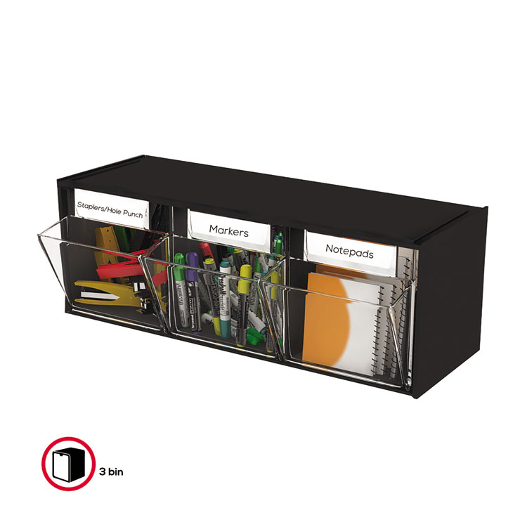 deflecto Tilt Bin Interlocking Multi-Bin Storage Organizer, 3 Sections, 23.63" x 7.75" x 9.5", Black/Clear (DEF20304OP)