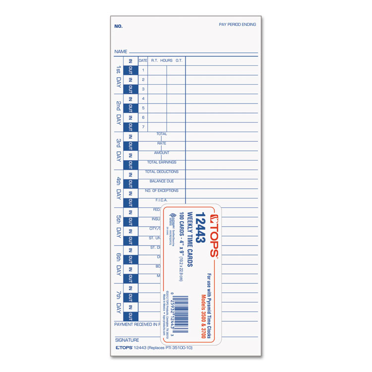 TOPS Time Clock Cards, Replacement for 35100-10, One Side, 4 x 9, 100/Pack (TOP12443)