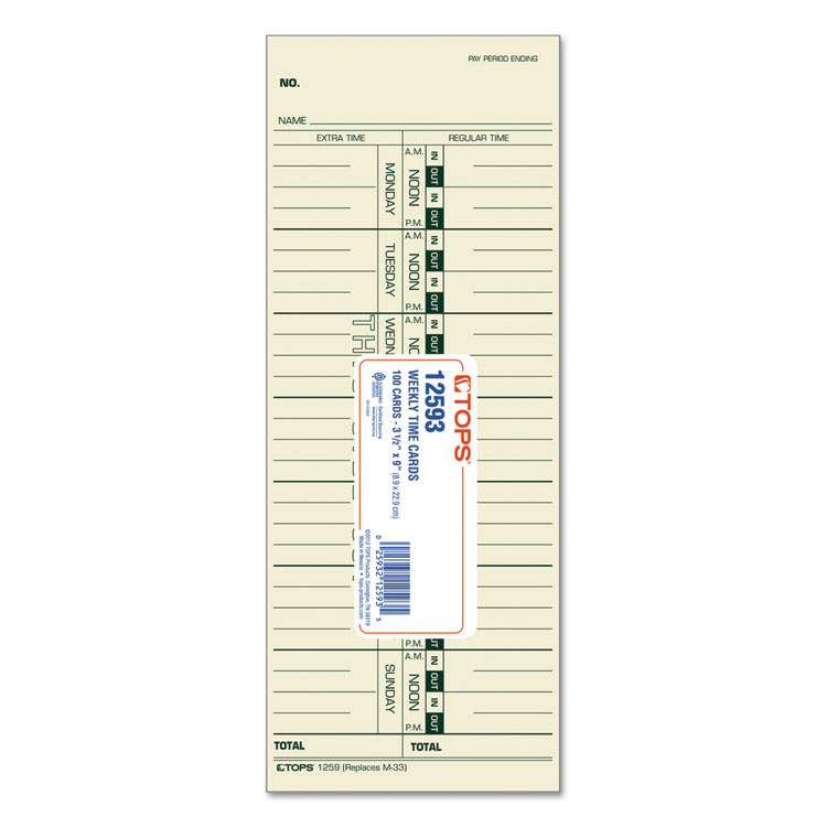 TOPS Time Clock Cards, Replacement for 10-800292/M-33, One Side, 3.5 x 9, 100/Pack (TOP12593)